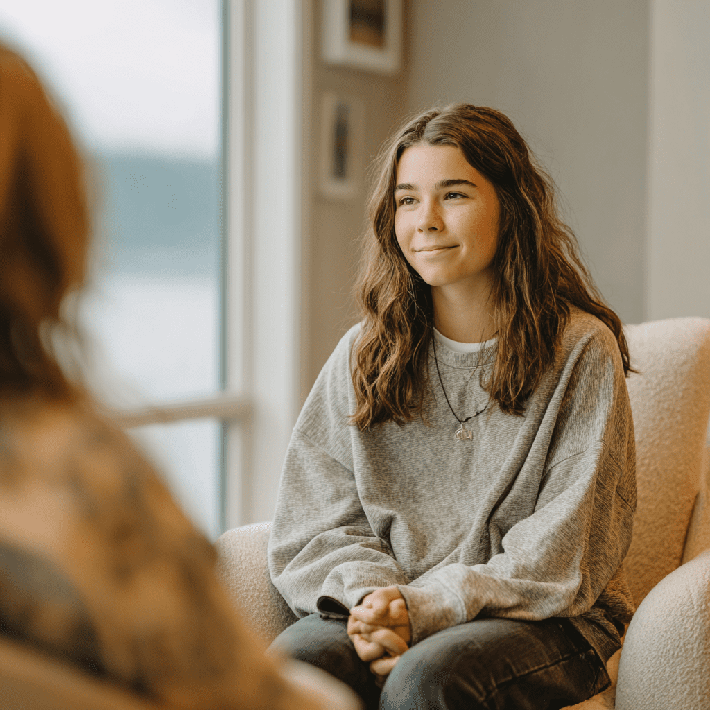 Teen girl smiling during a therapy session