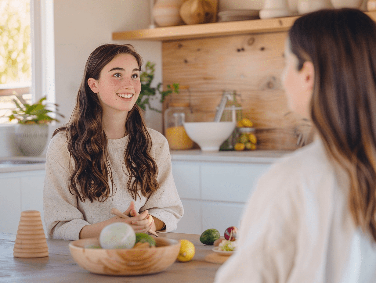Two young women talking in a kitchen with fresh fruit