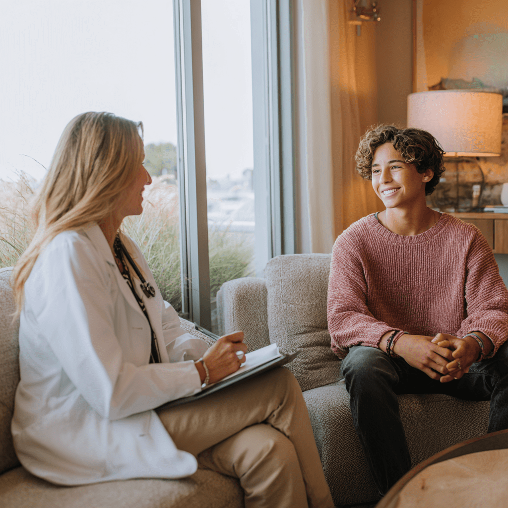 Clinician talking with a teen patient in an office
